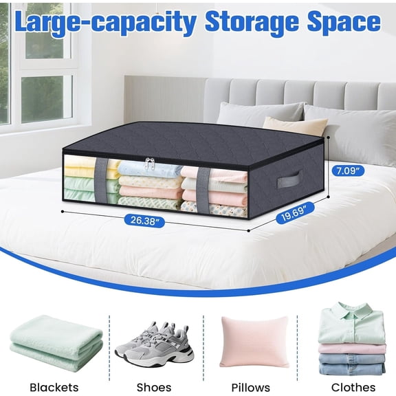 WEGOLY-Under Bed Storage Containers, 4 Pack Blanket Storage Bags, Collapsible Storage Bags with Big Zippers, Clear Front, Shoe Storage and Organization for Clothes, Comforter, 60L, Grey