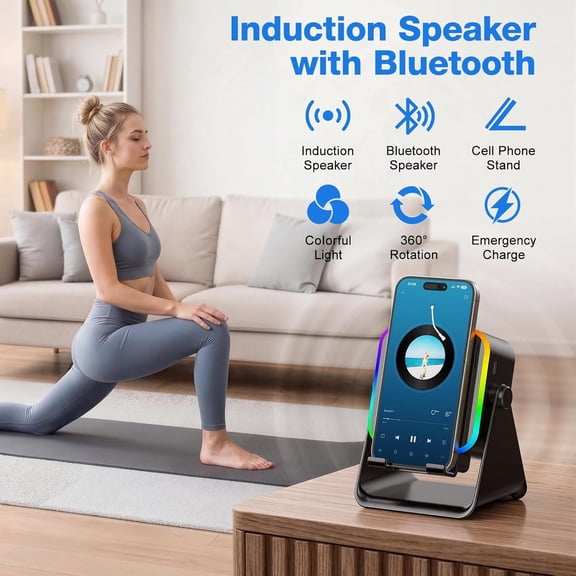 WEGOLY-Wireless Induction Speaker, 5 in 1 Bluetooth Speaker, Emergency Charging 360 Rotation Cell Phone Stand Compatible with iPhone Android iPad Samsung, Birthday Gifts for Men Women