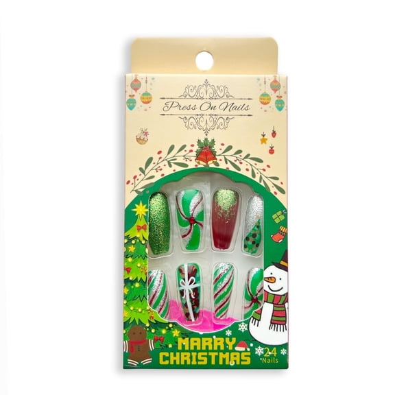 WEGORE Christmas No Glue Press On nails Armor Long Teardrop Santa Claus Armor 24 Pieces