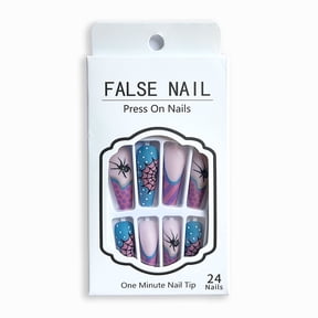 WEGORE Halloween  Press-On Nails Spider Matte French Powder Blue Long Coffin Shape 24 Count