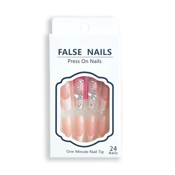 WEGORE Press-On Nails Butterfly Rhinestone and Solid Color White French Long Coffin 24 Count