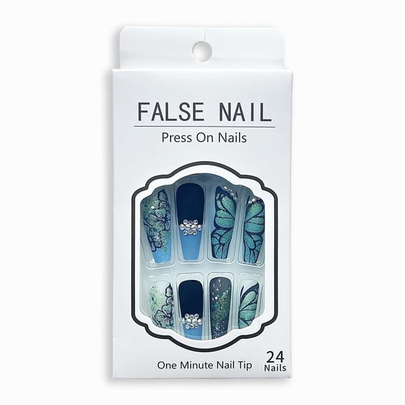 WEGORE Press-On Nails with Butterfly Rhinestones, Long Coffin Shape, 24 Pieces