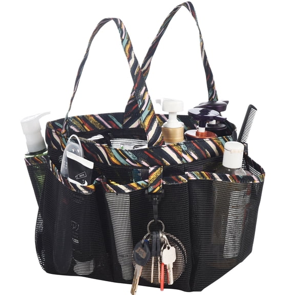 WEHUSE Portable Shower Caddy for College Dorm, Large Black Mesh Shower Bag with Hook, 7 Pocket Bathroom Tote