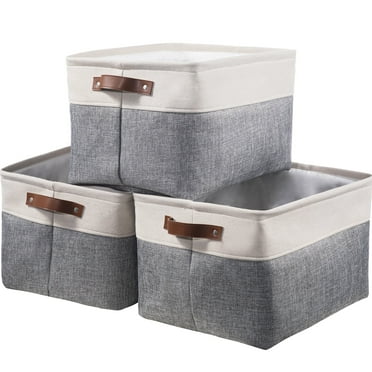WEHUSE Large Cloth Storage Baskets for Shelf, Collapsible Fabric Closet Storage Bins with Leather Handles, Grey 15.8 L x 12 W x 10 H Inch