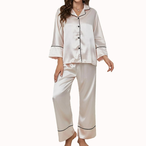 WEHUSE Silk Pajamas for Womens Set 2 Piece Satin Pjs Soft Button Down Sleepwear Wide Leg Long Pants with Pockets
