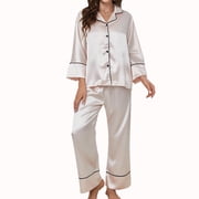 WEHUSE Silk Pajamas for Womens Set 2 Piece Satin Pjs Soft Button Down Sleepwear Wide Leg Long Pants with Pockets