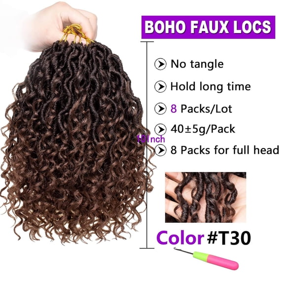 WEIF-10 Inch Goddess Locs Crochet Hair, 8 Packs Ombre Boho Faux Locs With Curly End, Short Bohemian Locs Pre Looped Hippie Locs Crochet Soft Locs Curly River Locs Hair Extensions T30#