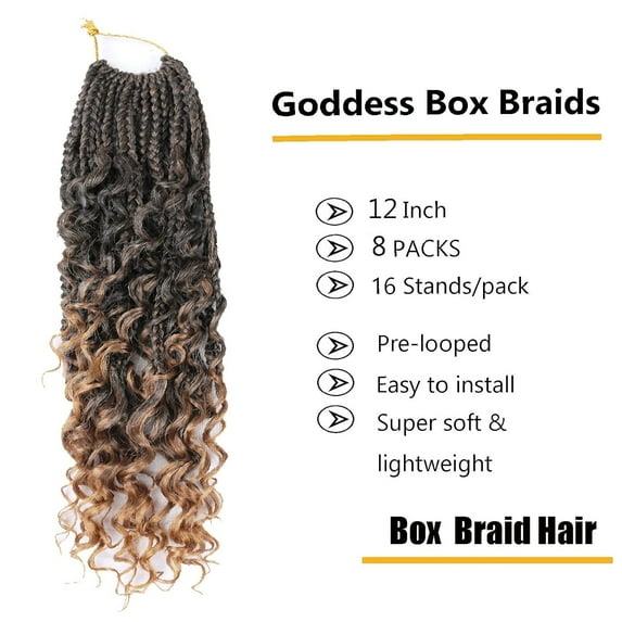 WEIF-12 Inch Goddess Box Braids Crochet Hair Bohomian Crochet Box Braids Curly Ends 8 Pack 3X Crochet Braids Synthetic Braiding Hair Extension (12inch(pack of 8), T1B/27)