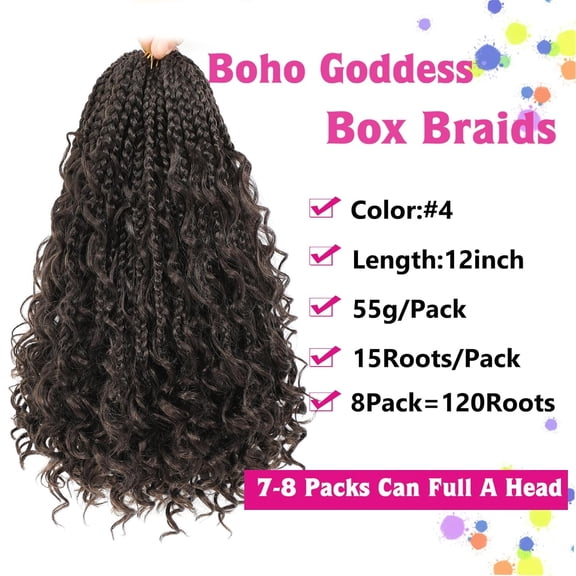 WEIF-12inch Goddess Box Braids Crochet Hair Bob Goddess Box Braids Curly Ends Crochet Box Braids Pre-looped Synthetic Crochet Hair Extensions (12inch(Pack of 8), 4)