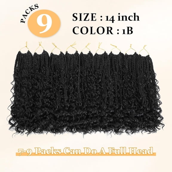 WEIF-14 Inch Goddess Box Braids Crochet Hair Curly Ends 9 Packs Pre Looped Boho Crochet Box Braids Bohemian Box Braid Crochet Hair For Black Women (14Inch 9 Packs,1B)