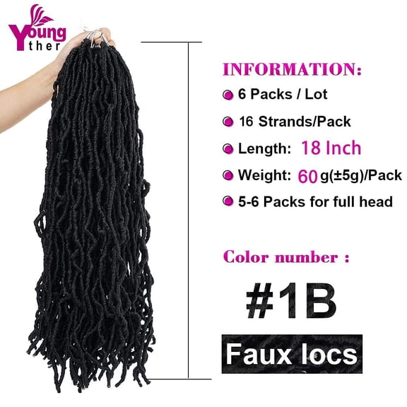 WEIF-18 inch New Faux Locs Crochet Hair Curly 6 Packs New Soft Locs Crochet Hair for Black Women Pre Looped Synthetic Goddess Locs Braiding Hair (18inch 6packs,1B#)