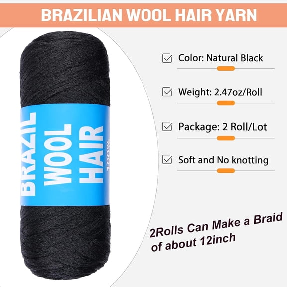 WEIF-2 Pcs Natural Black Brazilian Wool Hair for Braids Acrylic Hand Knitting Goddess Faux Locs Crochet Hair for Black Women Senegalese Twisting Jumbo Braids Braiding Hair Extension(#1B)