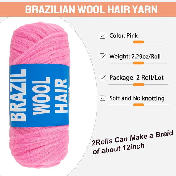 WEIF-2 Pcs Pink Brazilian Wool Hair for Braids Acrylic Hand Knitting Yarn for Hair Braiding Hair Extension Crochet Braid Senegalese Twisting Jumbo Braids Faux Locs(#Pink)
