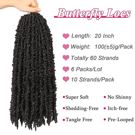 WEIF-20 Inch Butterfly Locs Crochet Hair Natural Black 6 Packs Distressed Locs Crochet Braids Hair Pre-looped Synthetic Messy Butterfly Crochet Faux Locs Hair Extensions 1B#