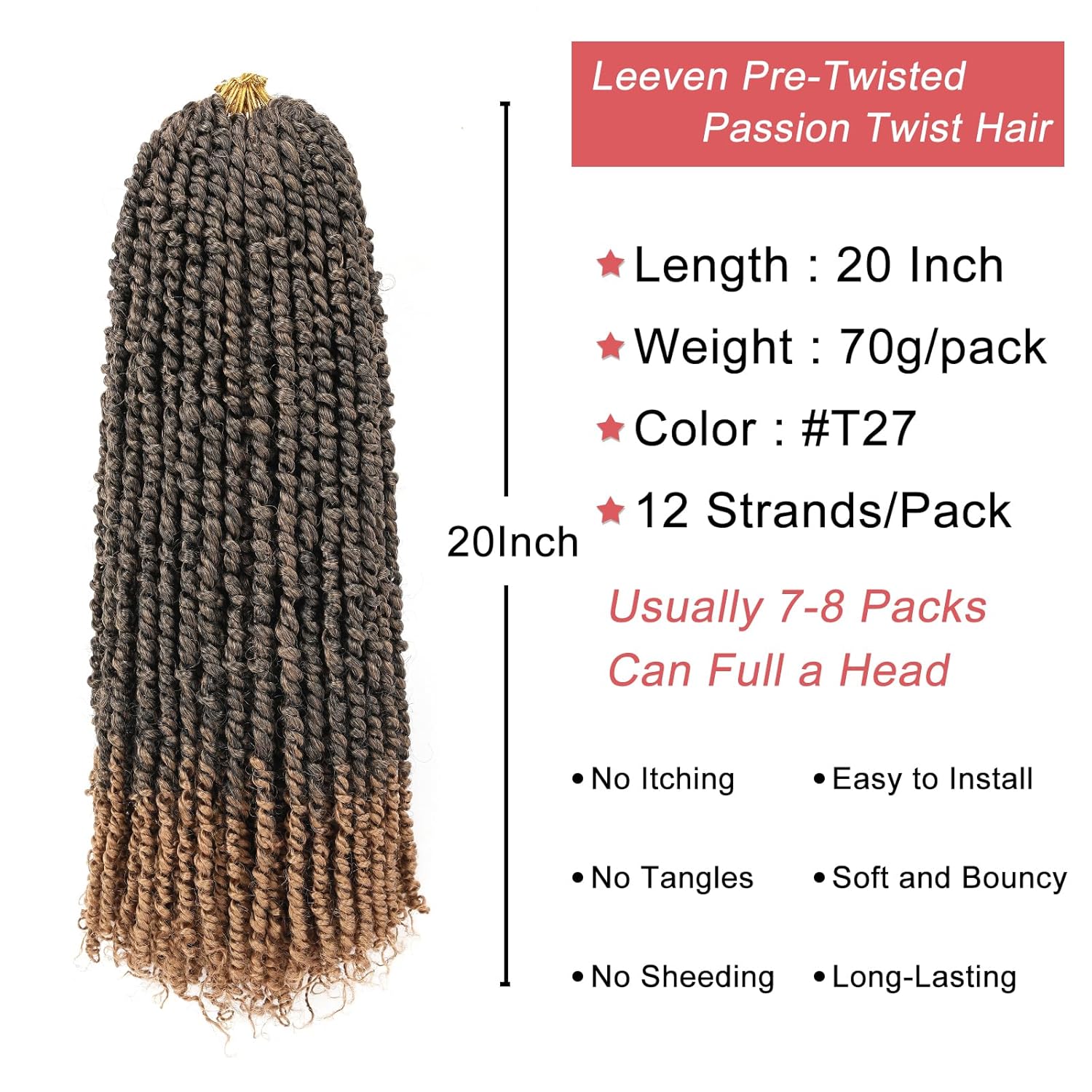 WEIF-20 Inch Pretwisted Passion Twist Hair 8 Packs Ombre Honey Blonde Pre Looped Corchet Braids for Women Long Bohemian Synthetic Hair Extensions with Curl Ends #T27