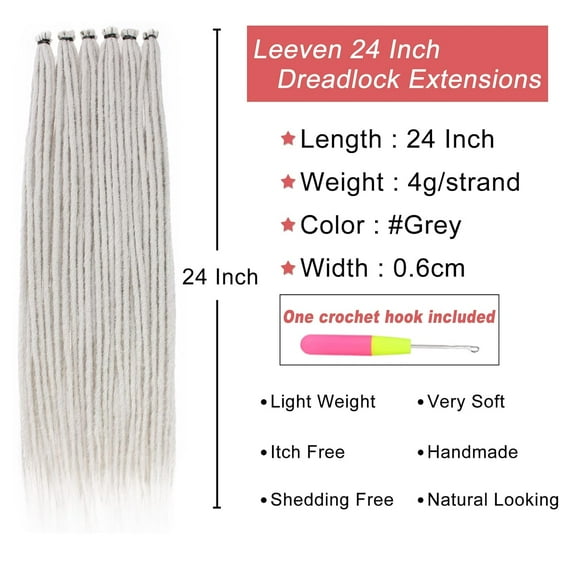 WEIF-20 Strands Thin Dreadlock Extensions 24 Inch Grey Soft Crochet SE Dreads Reggae Style Synthetic Braiding Hair 0.6 cm Width Loc Extensions for Women Men