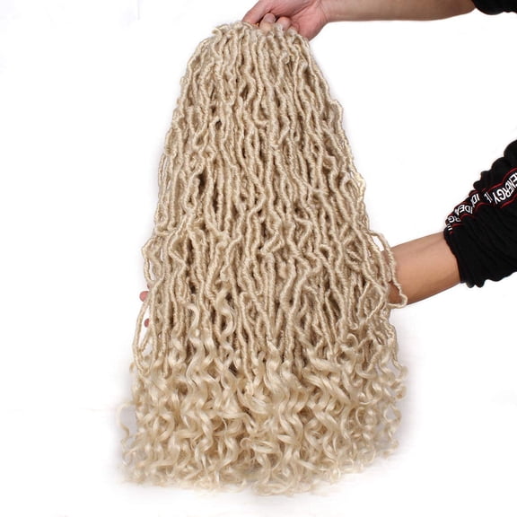 WEIF-24 Inch Blonde New Faux Locs Crochet Hair With Curly Ends for Women 7 Packs Synthetic Goddess Soft Locs Braiding Hair 12 Strands/Pack 613 Color Curly Wavy Pre-Looped Goddess Locs Braids Hair