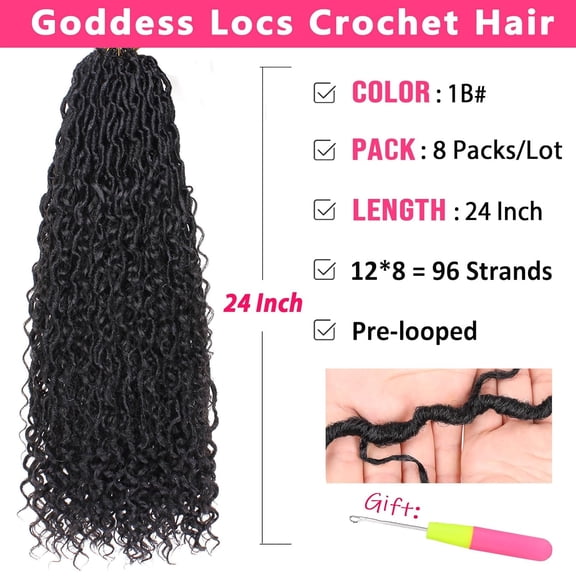 WEIF-24 Inch Goddess Locs Crochet Hair 8 Packs Faux Locs Crochet Hair for Black Women Pre-looped Bohemian Locs Crochet Braids with Curls Boho Soft River Locs Crochet Braiding Hair Extensions 1B#