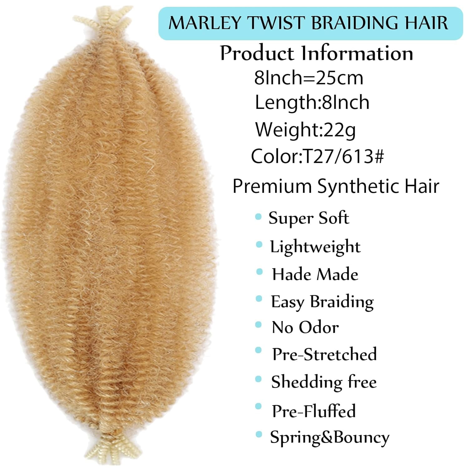 WEIF-3 Packs Springy Afro Twist Hair 8 Inch Marley Twist Braiding Hair Blonde Kinky Twist Hair for Women Short Marley Twist Wrapping for Soft Locs Passion Braiding Extensions