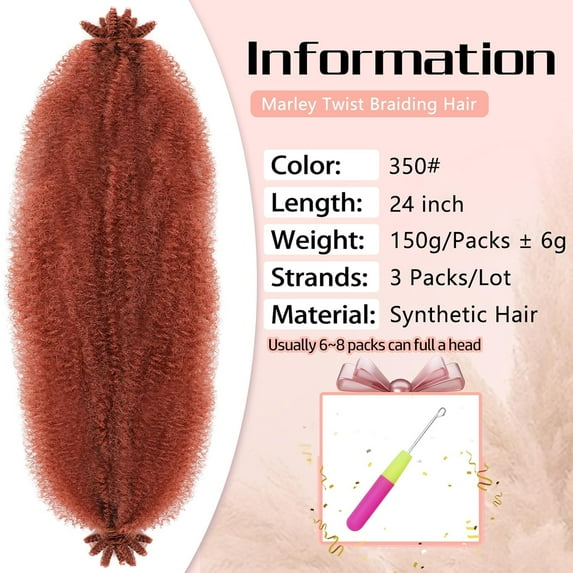 WEIF-3 Packs ginger Spring Twist Hair Afro Twist Hair Pre Fluffed 24 Inch Spring Afro Twist Hair Pre Marley Twist Braiding Hair for Soft Locs Hair Extensions (350#)
