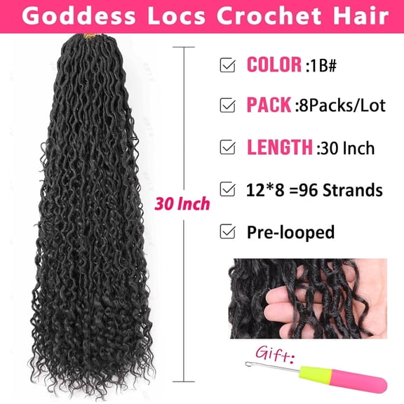 WEIF-30 Inch Goddess Locs Crochet Hair 8 Packs Boho Faux Locs Crochet Hair with Curly Ends Pre-looped Natural Black Soft Locs Crochet Braids for Women Long Crochet Locs Braiding Hair Extensions 1B