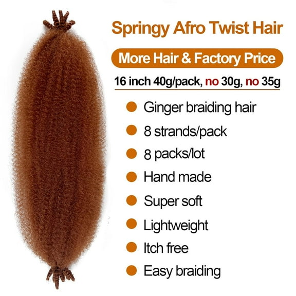WEIF-350 Cuban Twsit Hair 16 Inch Kinky Curly Braiding Hair 8 Pack Spring Twist Hair Ginger Marley Twist Braiding Hair for Butterfly Locs Crochet Hair Twisted Up Springy Afro Twist Hair