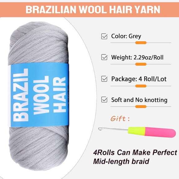 WEIF-4 Pcs Grey Brazilian Wool Hair for Braids Acrylic Hand Knitting Yarn for Braiding Hair Crochet Braids Senegalese Twisting Jumbo Braids Goddess Faux Locs Crochet Hair Extension(#Grey)