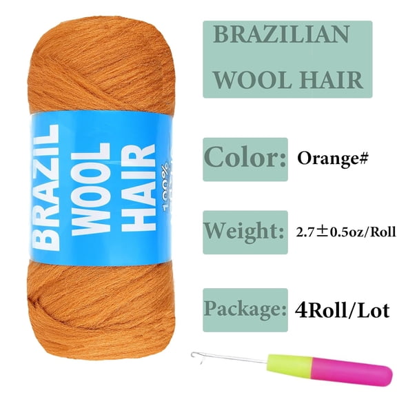 WEIF-4 Roll Brazilian Wool Hair Acrylic Yarn for Crochet Hair African Braids Sengalese Twisting Jumbo Braids Knitting Hair Braids Soft Faux Locs Synthetic Hair Extension(Orange,4Roll)