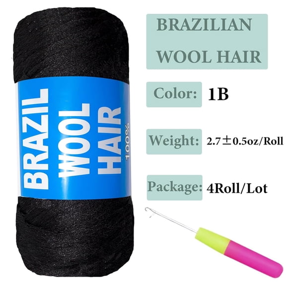 WEIF-4 Roll Natural Black Brazilian Wool Hair Yarn for Jumbo Braids Braiding Hair for Soft Faux Locs Goddess Locs Hair Extension Senegalese Twist Crochet Hair for Black Women (Natural Black, 4Roll