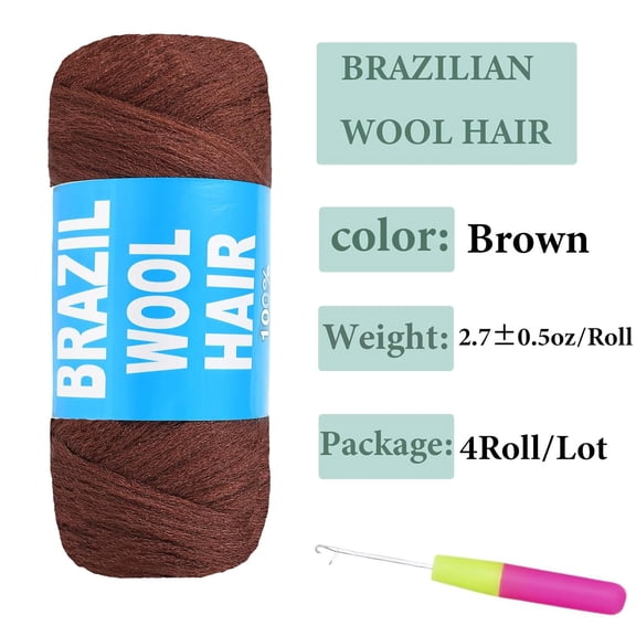 WEIF-4 Roll Natural Brazilian Wool Hair Yarn Hair for Jumbo Braids Braiding Hair for Soft Locs Faux Locs Goddess Locs Hair Extension Senegalese Twist Crochet Hair for Black Women(Brown,4Roll)