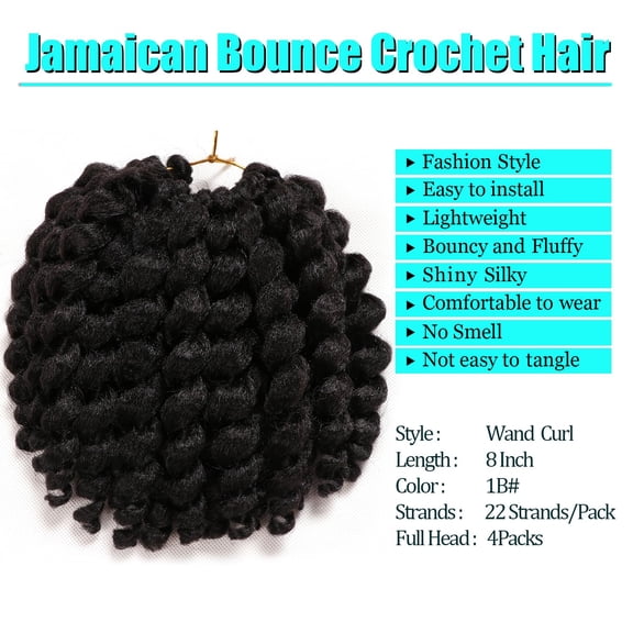 WEIF-8 Inch Jamaican Bounce Crochet Hair 4 Packs 22 Strands Jumpy Wand Curly Crochet Hair for Black Women (8 Inch 4 Packs, #1B)