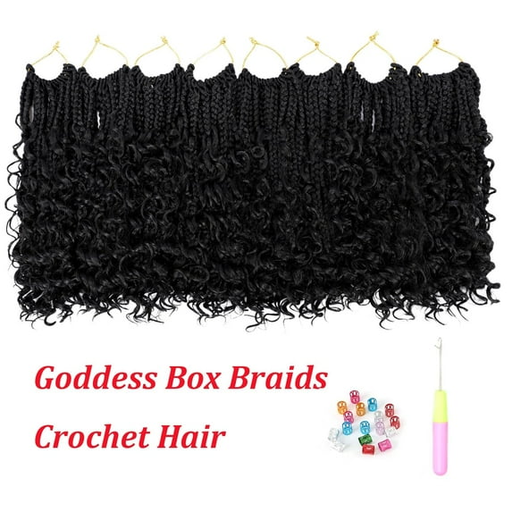 WEIF-8 Packs Goddess Box Braids 10 Inch Pre-looped Bohemian Crochet Boho Box Braids With Curly Ends 3X Crochet Braids Hair for Women Synthetic Braiding Hair 16 Strands (#1B)