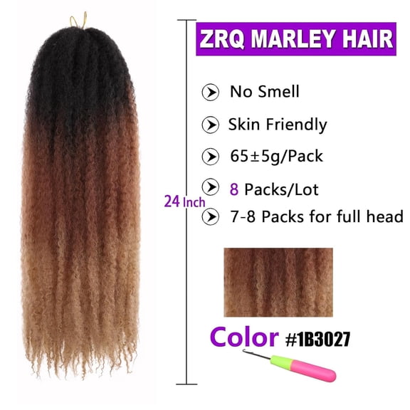 WEIF-8 Packs Marley Hair Crochet Braids,24 Inch Afro Kinky Marley Braiding Hair, Synthetic Curly Twist Marley Hair, Long Springy Afro Twist Hair Extensions (1B3027#,8 Packs)