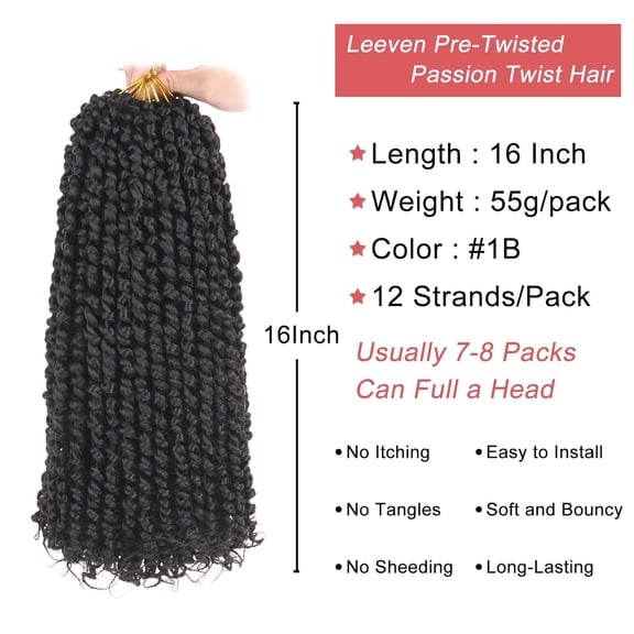 WEIF-8 Packs Passion Twist Crochet Hair 16 Inch Natural Black Bomb Pre Twisted Water Wave Crochet Braids Pre Looped Curly Bohemian Synthetic Braiding Hair Extensions for Women #1B