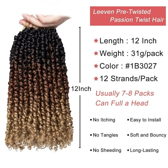 WEIF-8 Packs Pre Twisted Passion Twist Crochet Hair 12 Inch 3 Tone Ombre Brown Pre Looped Short Bomb Twists Curly Ends Bohemian Braids Synthetic Hair Extensions for Women 12 Strands/Pack #1B/30/27