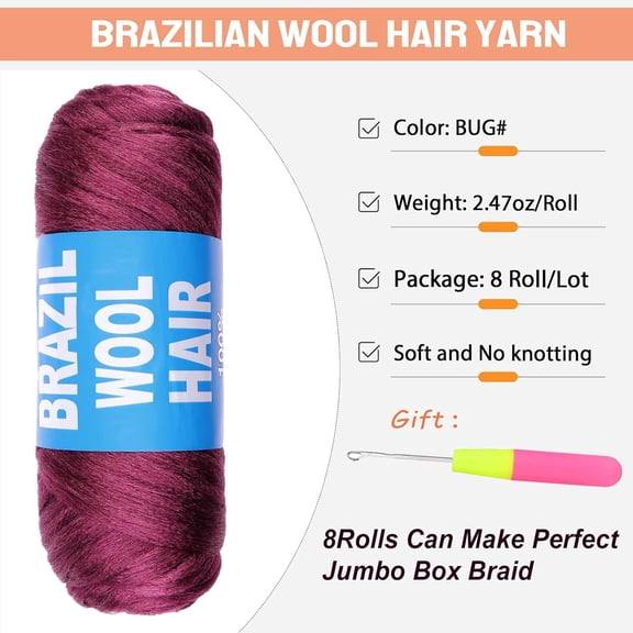WEIF-8 Pcs Brazilian Wool Hair for Braids Acrylic Hand Knitting Wool Hair for Faux Locs Crochet Hair Jumbo Twist Braids Braiding Hair Extension(#BUG)