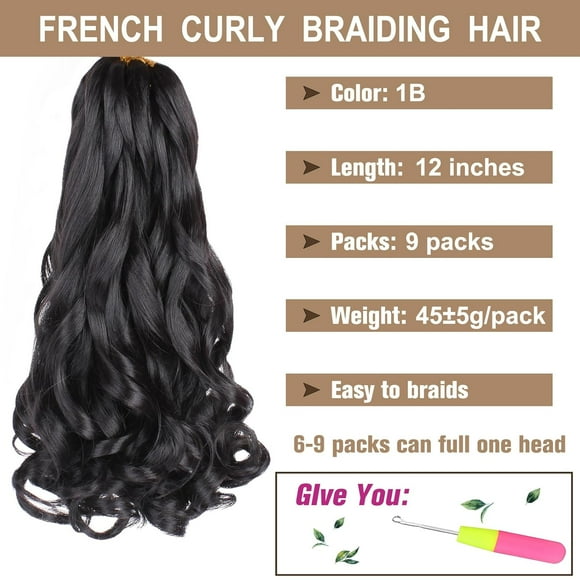 WEIF-9 Packs 12 Inch French Curl Bob Braids Hair for Women 50g/pack Pre-Stretched French Curly Braiding Hair Natural Black Short Wave Curly Braiding Hair Extentions for BOHO Box Braids 1B#
