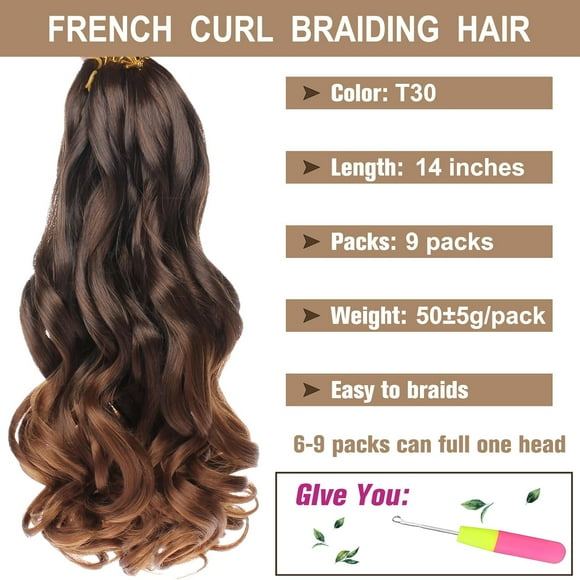 WEIF-9 Packs French Curl Braiding Hair 14 Inch Ombre Brown Pre Stretched Bouncy Braiding Hair Loose Wavy Crochet Braids Synthetic French Curls Extensions for Women and Kids T30