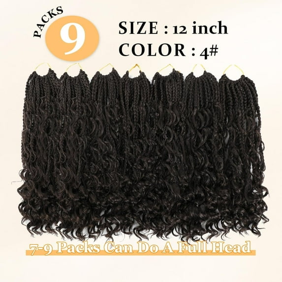 WEIF-9 Packs Goddess Box Braids Crochet Hair Boho Box-Braids With Curly Ends Crochet-Hair For Black Women,12 Inch Pre Looped Bohemian Crochet Box-Braiding(12Inch 9Packs,4)