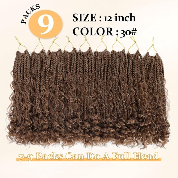WEIF-9 Packs Goddess Box Braids Crochet Hair Boho Crochet Box Braids With Curly Ends For Black Women, 12 Inch Pre Looped Bohemian BoxBraidsHair (12Inch 9 Packs,30#)