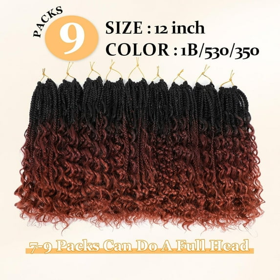 WEIF-9 Packs Goddess Box Braids Crochet Hair Boho Crochet Box Braids With Curly Ends Crochet Hair For Black Women, 12 Inch Pre Looped Bohemian Crochet Box Braids Hair (12Inch 9 Packs,1B/530/350)