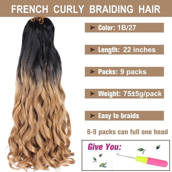 WEIF-9 Packs Ombre Blonde French Curls Braiding Hair 22 Inch Loose Wavy Spanish Curls Braids with Curly Ends Bouncy Braids 75g/Pack Synthetic Hair Extensions 1B/27#
