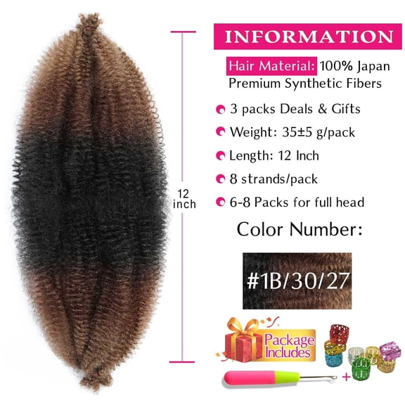 WEIF-Afro Twist Hair 12 Inch 3 Packs, Springy Afro Twist Hair Pre Fluffed Spring Twist Hair Pre Stretched Wrapping Hair for Soft Locs Hair Extensions (12 Inch (Pack of 3), 1B/30/27#)