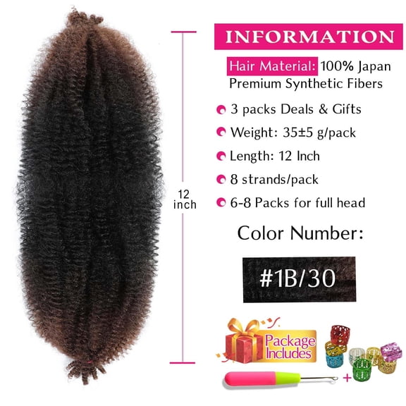 WEIF-Afro Twist Hair 12 Inch 3 Packs, Springy Afro Twist Hair Pre Fluffed Spring Twist Hair Pre Stretched Wrapping Hair for Soft Locs Hair Extensions (12 Inch (Pack of 3), 1B/30#)