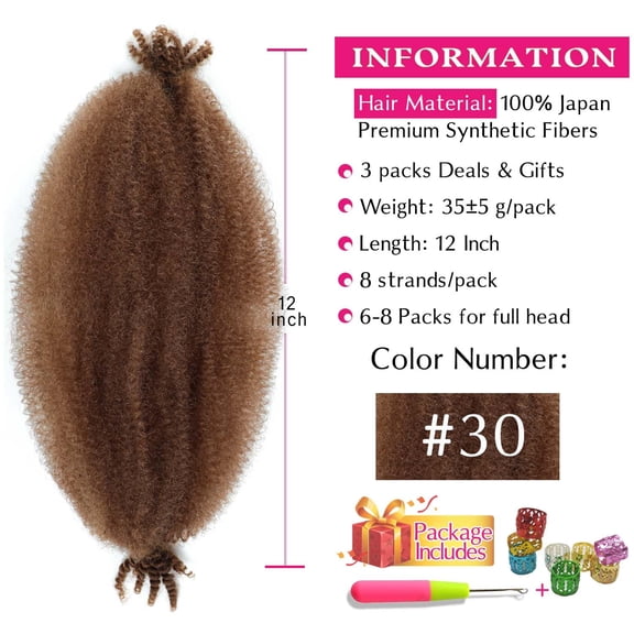 WEIF-Afro Twist Hair 12 Inch 3 Packs, Springy Afro Twist Hair Pre Fluffed Spring Twist Hair Pre Stretched Wrapping Hair for Soft Locs Hair Extensions (12 Inch (Pack of 3), 30#)