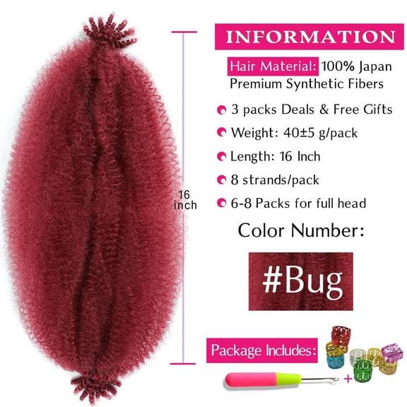 WEIF-Afro Twist Hair 16 Inch 3 Packs, Springy Afro Twist Hair Pre Fluffed Spring Twist Hair Pre Stretched Wrapping Hair for Soft Locs Hair Extensions (16 Inch (Pack of 3), Bug#)