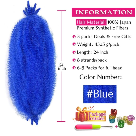 WEIF-Afro Twist Hair 24 Inch 3 Packs, Springy Afro Twist Hair Pre Fluffed Spring Twist Hair Pre Stretched Wrapping Hair for Soft Locs Hair Extensions (24 Inch (Pack of 3), Blue#)