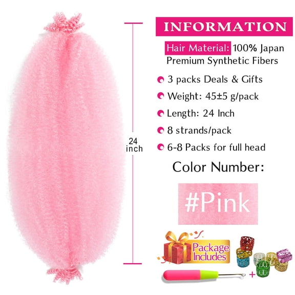 WEIF-Afro Twist Hair 24 Inch 3 Packs, Springy Afro Twist Hair Pre Fluffed Spring Twist Hair Pre Stretched Wrapping Hair for Soft Locs Hair Extensions (24 Inch (Pack of 3), Pink#)