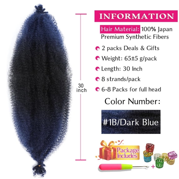 WEIF-Afro Twist Hair 30 Inch 2Packs, Springy Afro Twist Hair Pre Fluffed Spring Twist Hair Pre Stretched Wrapping Hair for Soft Locs Hair Extensions (30 Inch (Pack of 2), 1B/Dark Blue#)