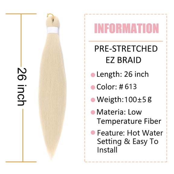 WEIF-Blonde Braiding Hair Pre Stretched Extensions #613 Easy Braids 26 Inch 3 Packs Hot Water Setting Professional Yaki Synthetic Hair for Box Braids (3Pcs,26Inch,#613)